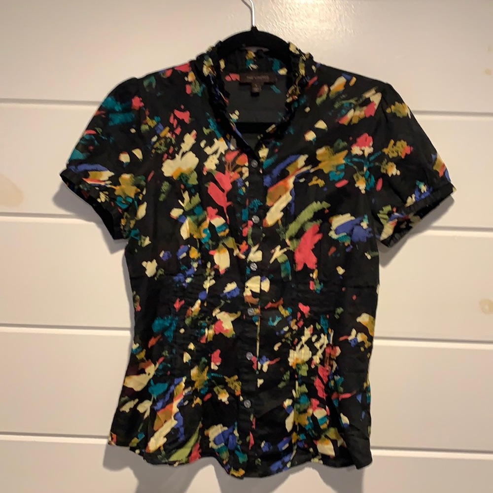 The Limited Black Multicolor Abstract Print Short Sleeve Blouse